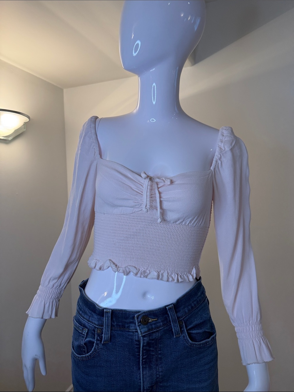 Sunday Best Aritzia Pink Smocked Sweetheart Puff Sleeve Crop Top XS